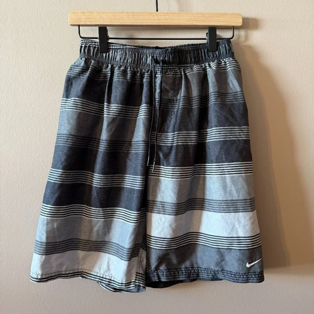 Youth Boy's M Nike Big Boys Volley Swim Shorts Black Gray Stripes Beach Summer
